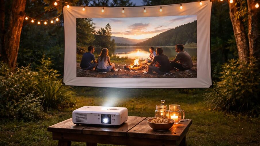 découvrez l'expérience plein air avec le mini vidéoprojecteur epson sur toile pour un résultat réel et immersif.