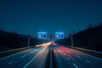 Autoroute française de nuit avec signalisation LED et marquages au sol réfléchissants, trafic fluide et sécurisé sur un axe autoroutier éclairé