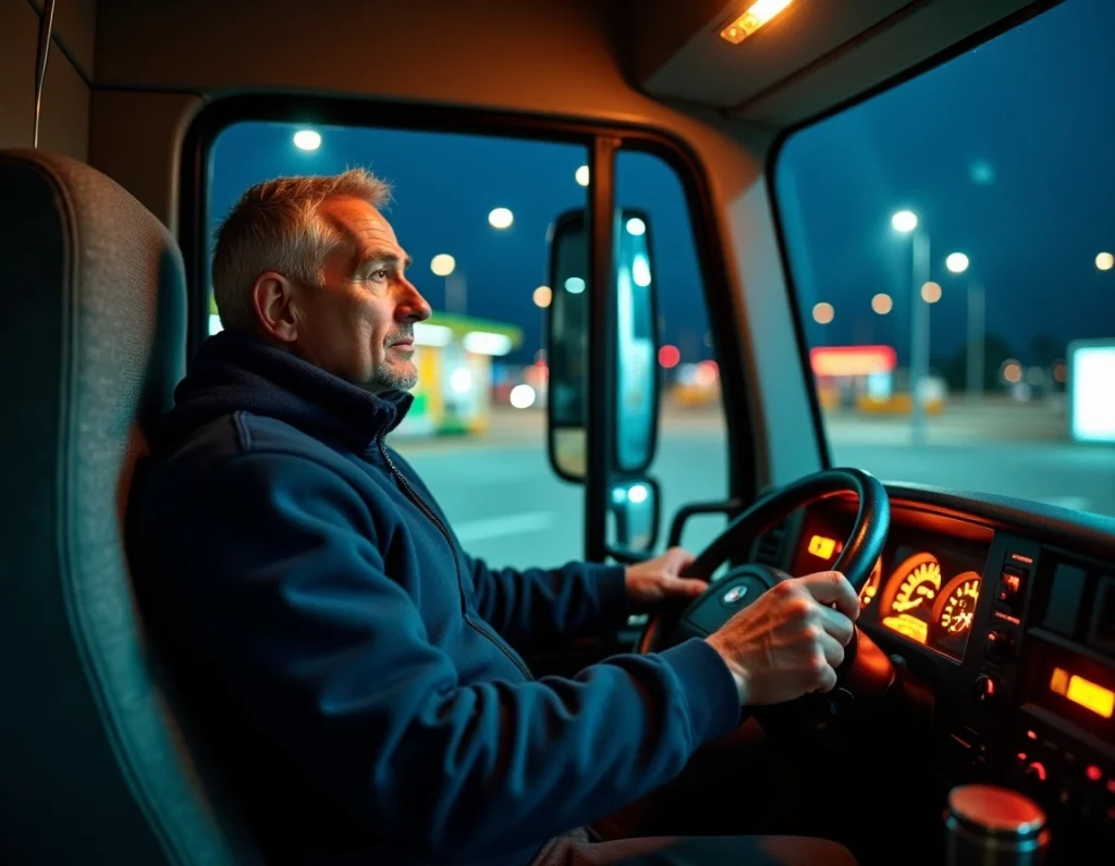 Chauffeur de poids lourd dans la cabine de son camion à une aire de repos autoroutière française de nuit, tableau de bord éclairé