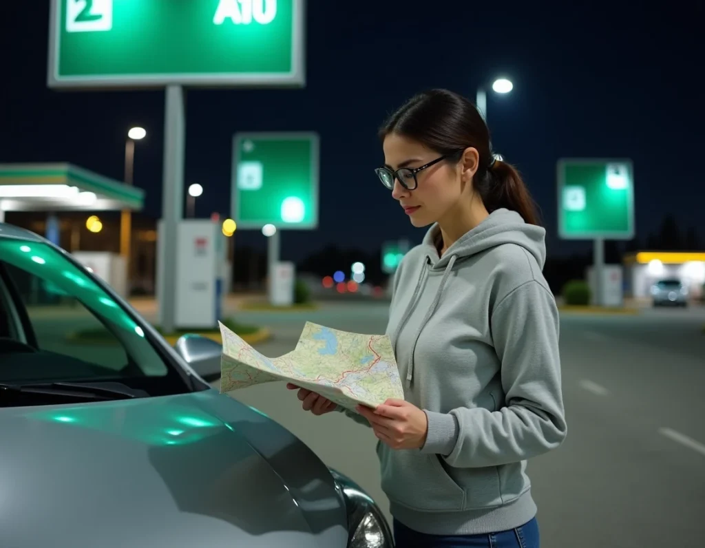 Femme consultant une carte routière de France appuyée sur sa voiture dans une aire d'autoroute éclairée la nuit, signalisation A10 visible