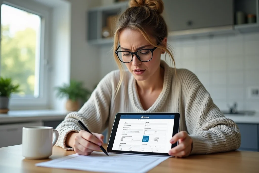 Femme comparant le formulaire Cerfa de cession avec le site ANTS sur une tablette