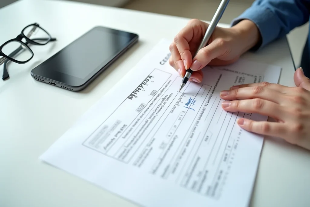 Gros plan sur des mains annotant un formulaire Cerfa de certificat de cession de véhicule