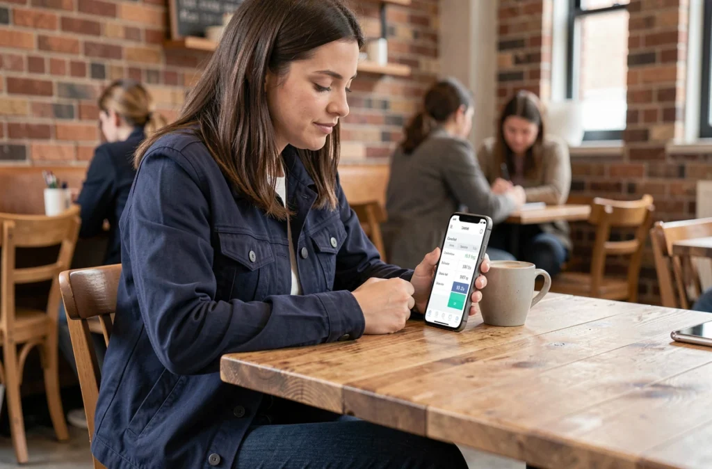 Femme consultant une application de conversion de vitesse mph en km/h dans un café