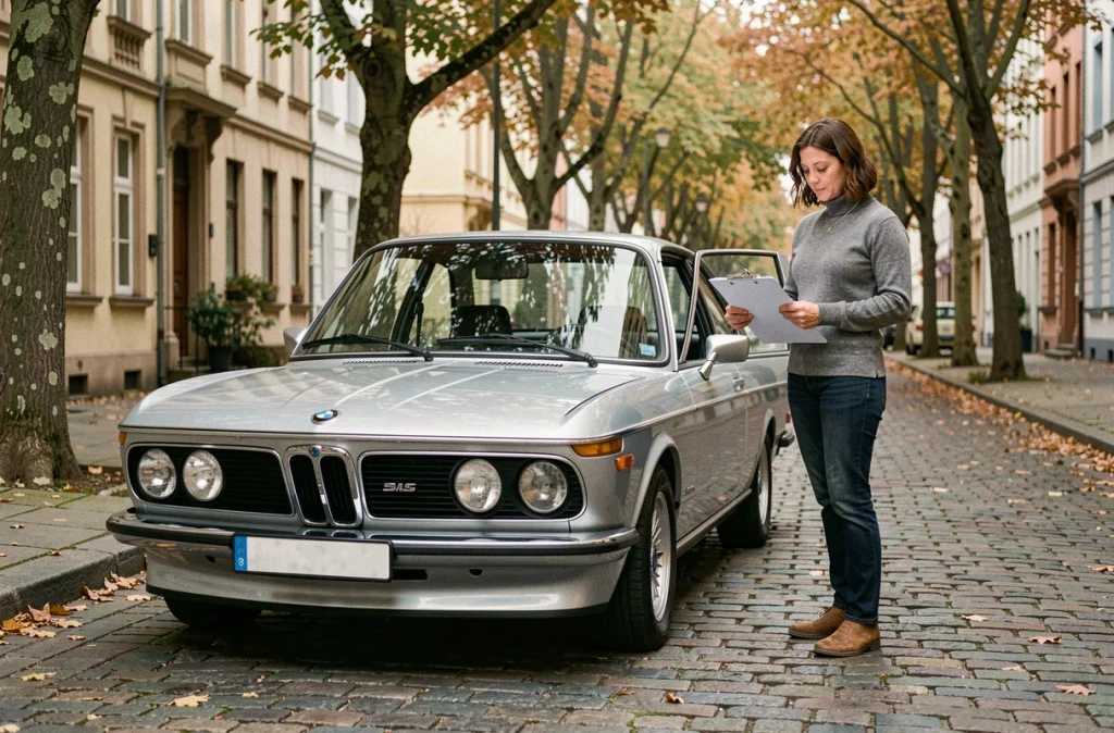 Femme consultant des notes de maintenance près d'une BMW 2002 tii argentée sur rue pavée, adaptation au quotidien