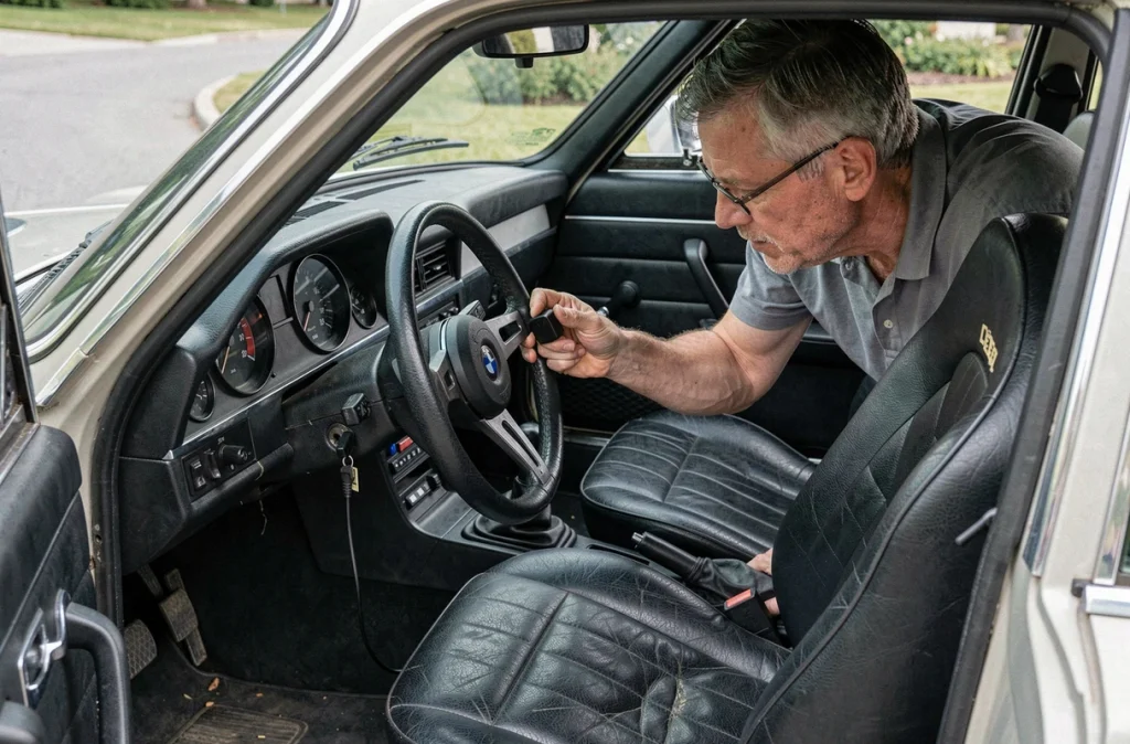 Technicien intégrant un adaptateur Bluetooth moderne dans l'intérieur d'origine d'une BMW 2002 tii, modernisation discrète