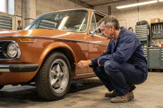 Mécanicien expert inspectant la suspension d'une BMW 2002 tii classique dans un garage urbain, préparation pour usage quotidien