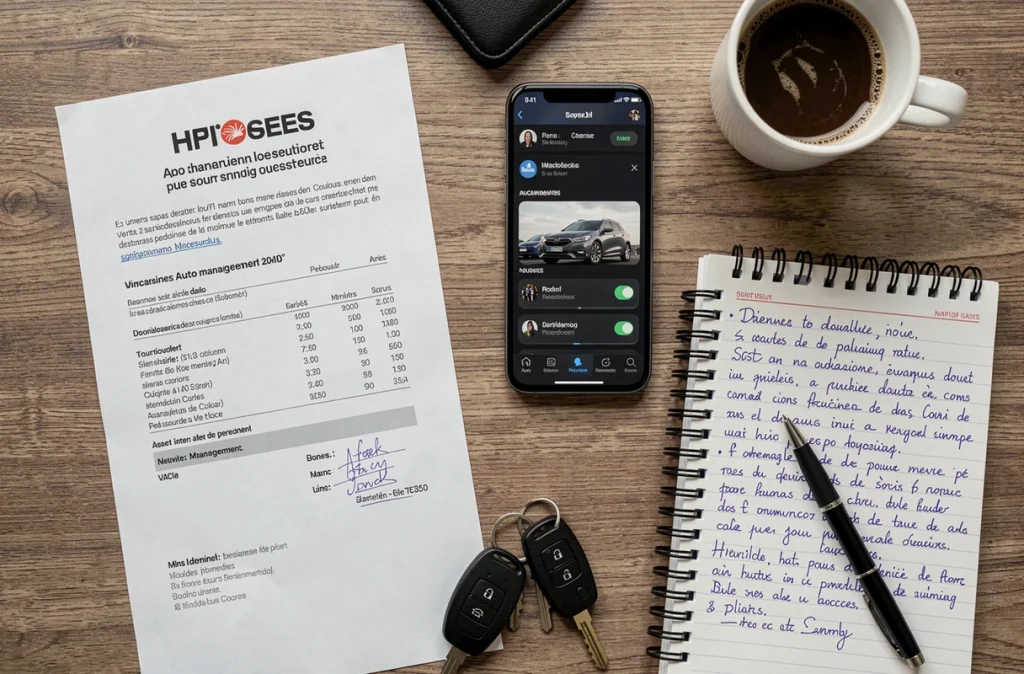 Vue aérienne d'un bureau de réception automobile avec facture imprimée, clés de voiture et application de gestion sur smartphone