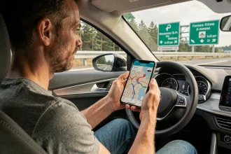 Conducteur consultant une carte hors ligne des autoroutes françaises sur smartphone dans une voiture garée à une aire d'autoroute