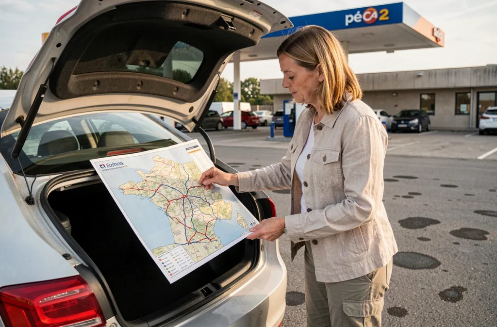 Femme dépliant une carte routière papier des autoroutes de France sur le coffre d'une voiture dans une station-service
