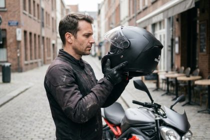 Motard tenant un casque Shark full-face ouvert, évaluant son confort et ses finitions dans une rue urbaine européenne