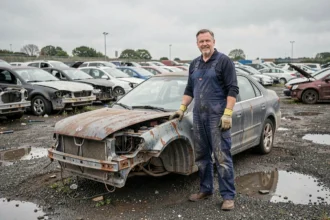 Mécanicien en combinaison de travail dans une casse automobile du Nord-Pas-de-Calais entouré de véhicules hors d'usage
