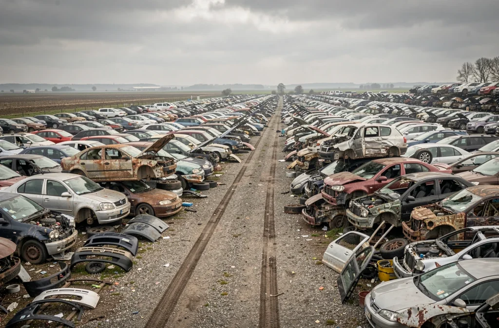 Vue aérienne d'une grande casse automobile dans le Nord-Pas-de-Calais avec des véhicules empilés et des pièces détachées au sol