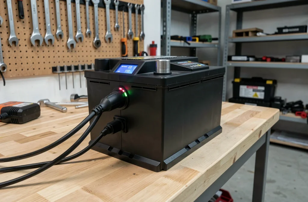 Chargeur de maintien connecté à une batterie de voiture posée sur un établi d'atelier