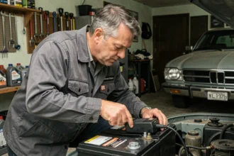 Homme connectant un chargeur de maintien à une batterie de voiture dans un garage résidentiel