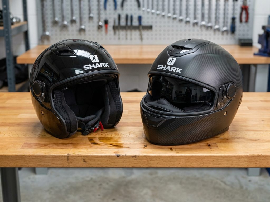 Comparaison de deux casques Shark côte à côte sur un établi, modèle entrée de gamme versus modèle premium