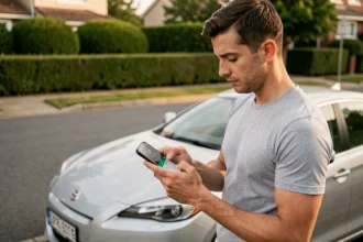 Homme utilisant son smartphone pour convertir des mph en km/h près d'une voiture garée
