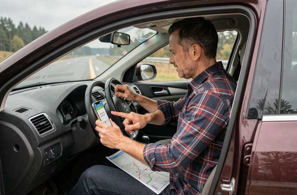 Homme en voiture utilisant son smartphone pour convertir des miles par heure en kilomètres par heure sur la route