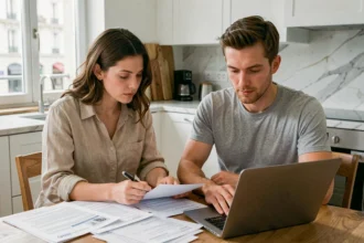 Couple marié révisant des documents d'assurance auto ensemble dans une cuisine moderne après un changement de situation familiale