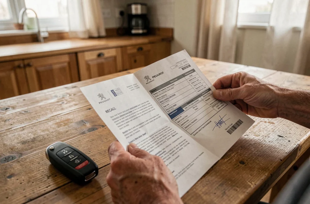Documents de rappel Peugeot 3008 et avis de garantie posés sur une table avec une clé de voiture