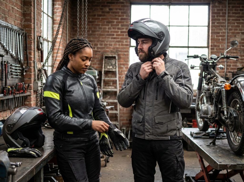 Deux amis motards équipés de vestes et casques de protection dans un garage urbain industriel, préparant leur sortie moto