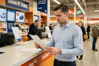 Homme consultant un contrat de location de voiture au comptoir Leclerc, illustrant les erreurs coûteuses liées aux conditions cachées