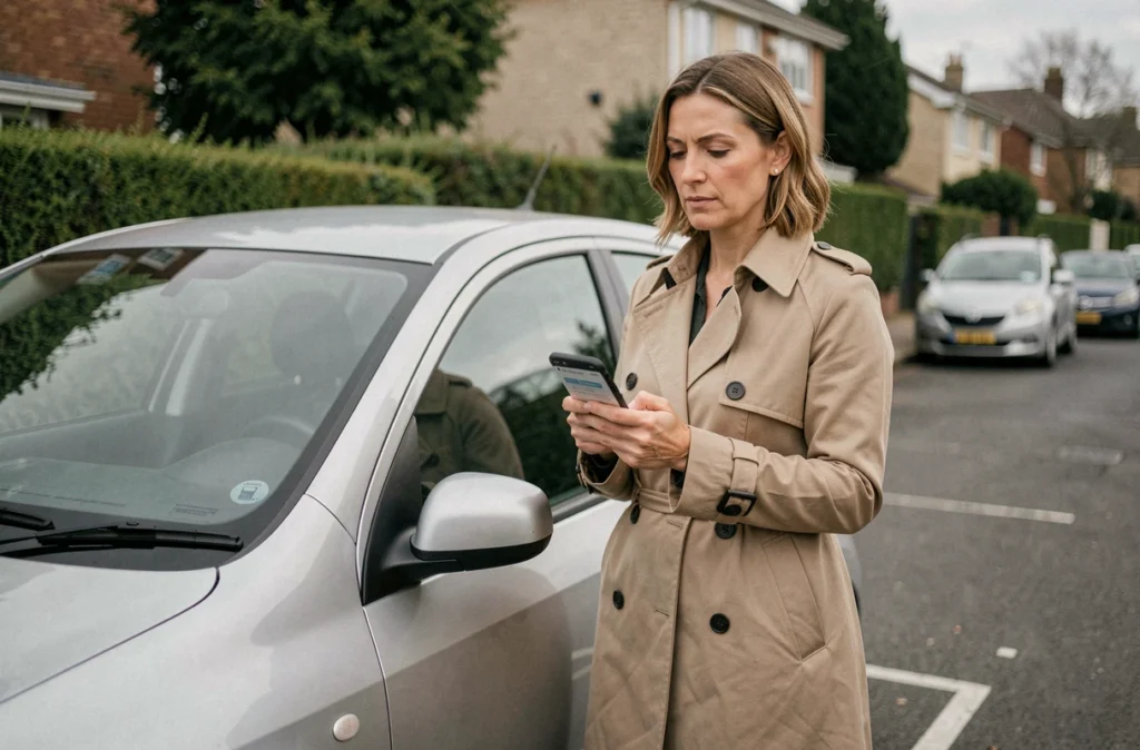 Femme consultant une application d'assurance auto sur son téléphone devant sa voiture après un divorce