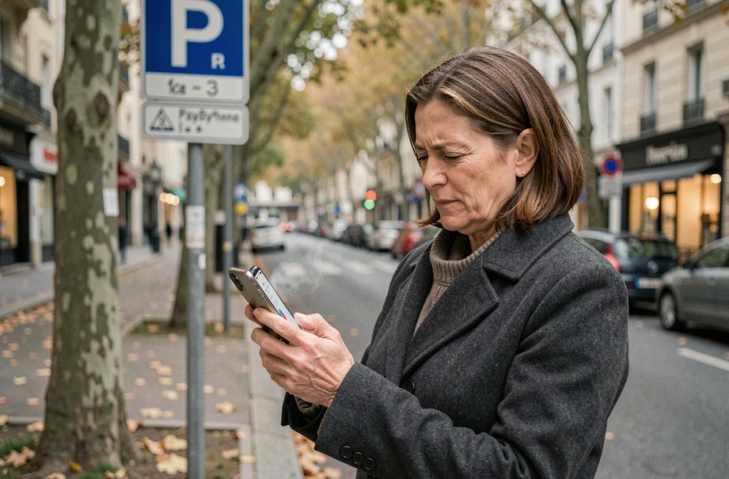 Femme configurant PayByPhone sur iPhone dans une rue résidentielle parisienne en automne