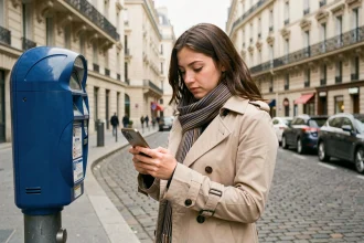 Femme utilisant l'application PayByPhone sur son smartphone à côté d'un horodateur parisien