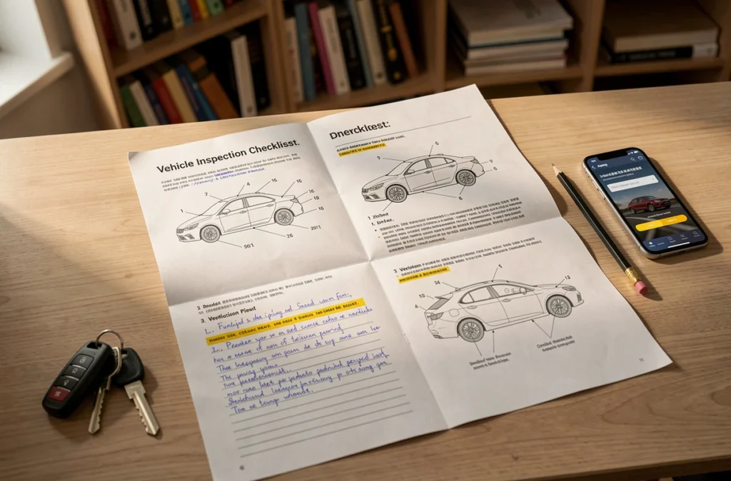 Fiche récapitulative PDF des vérifications du véhicule pour le permis de conduire posée sur un bureau avec des clés de voiture et un crayon
