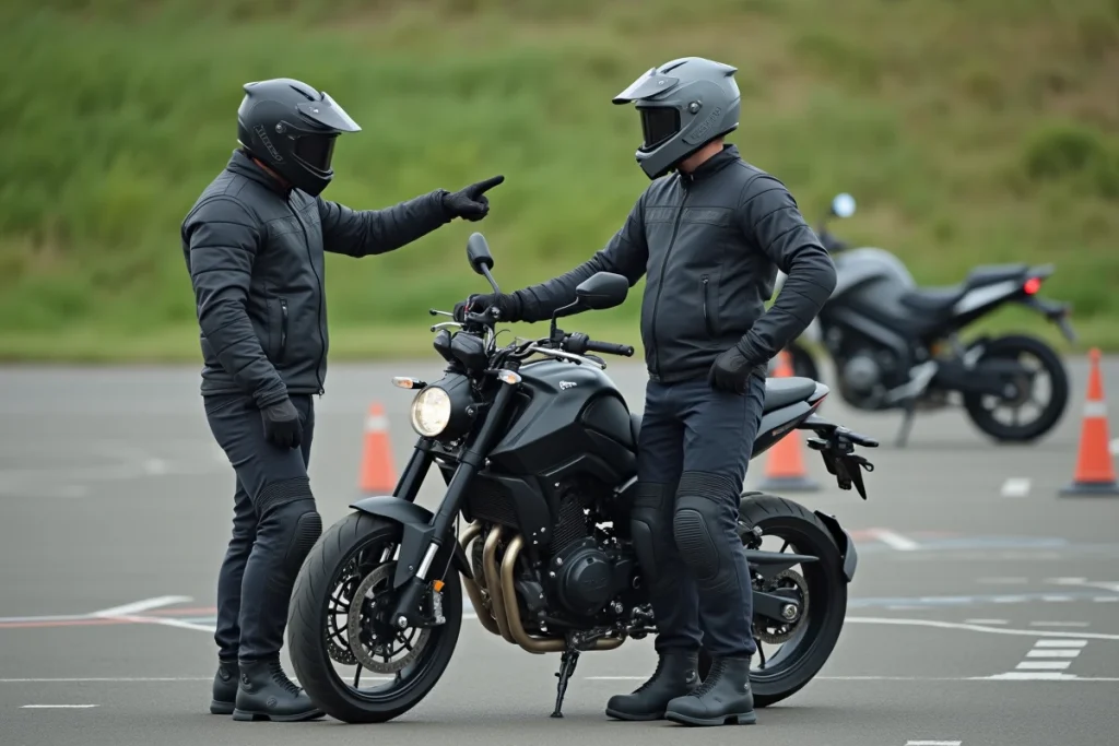 Deux motards adultes en équipement complet discutant sur un circuit de formation moto, transition vers les grosses cylindrées