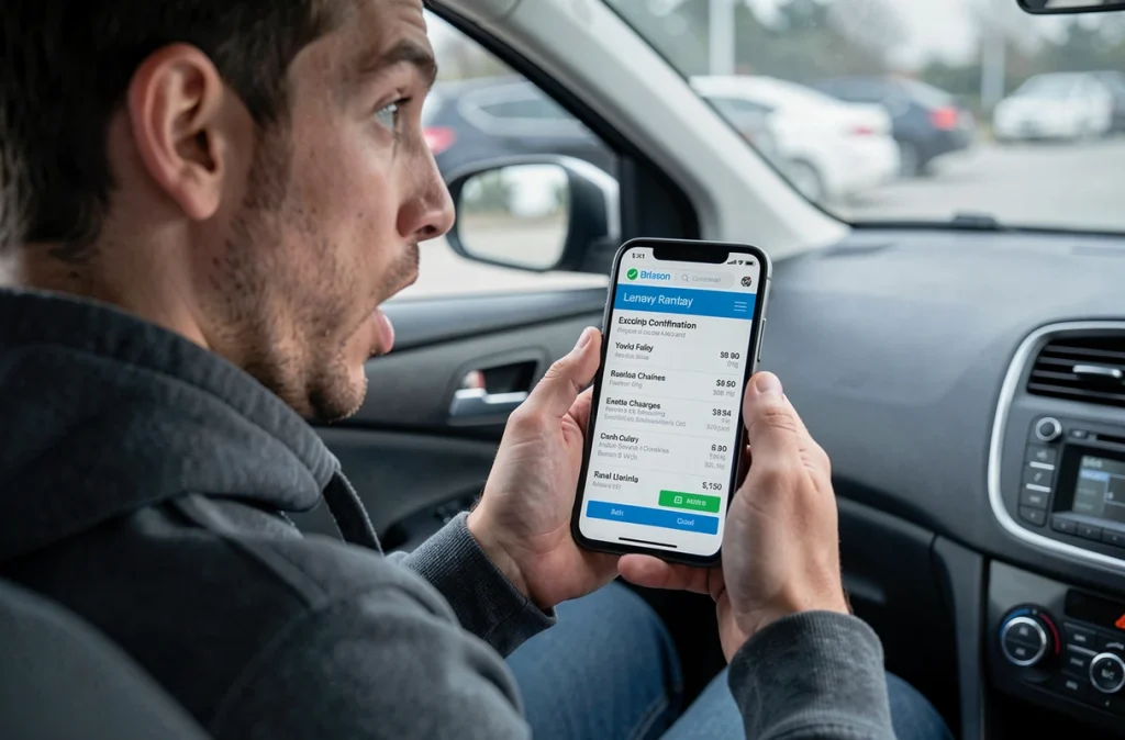 Personne découvrant des frais cachés sur sa réservation de location de voiture Leclerc depuis son smartphone à l'intérieur du véhicule