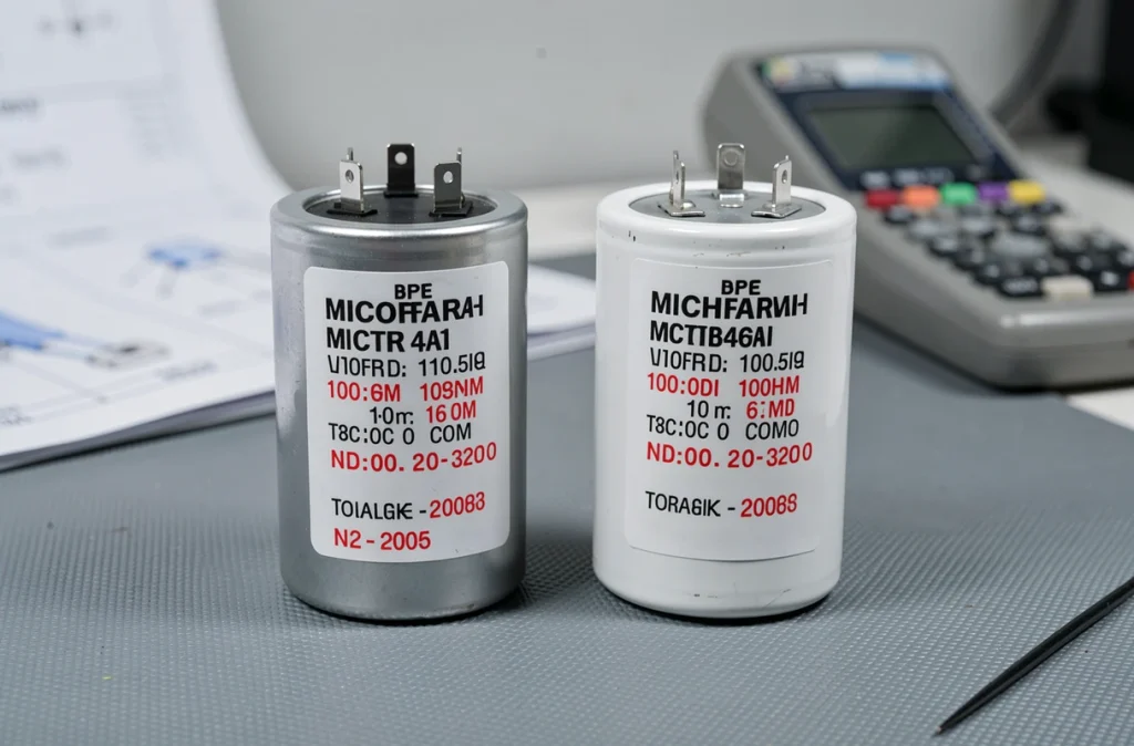 Gros plan sur les étiquettes de référence de condensateurs électriques moteur montrant les valeurs en microfarads et en volts