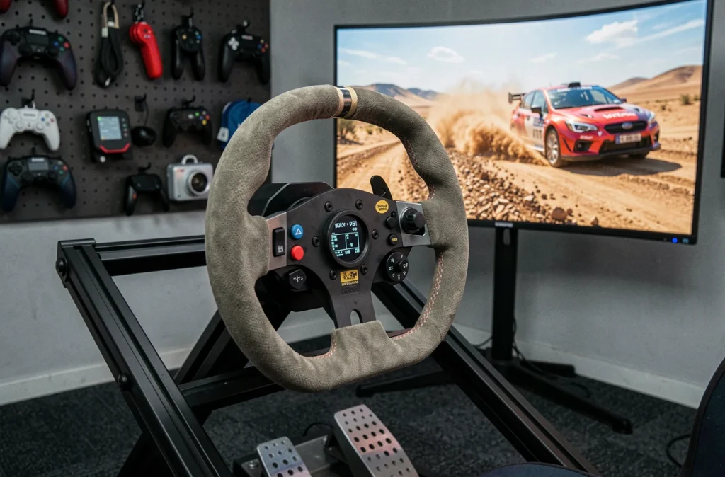 Gros plan sur un volant de simulateur de rallye style Subaru WRC avec données télémétriques affichées