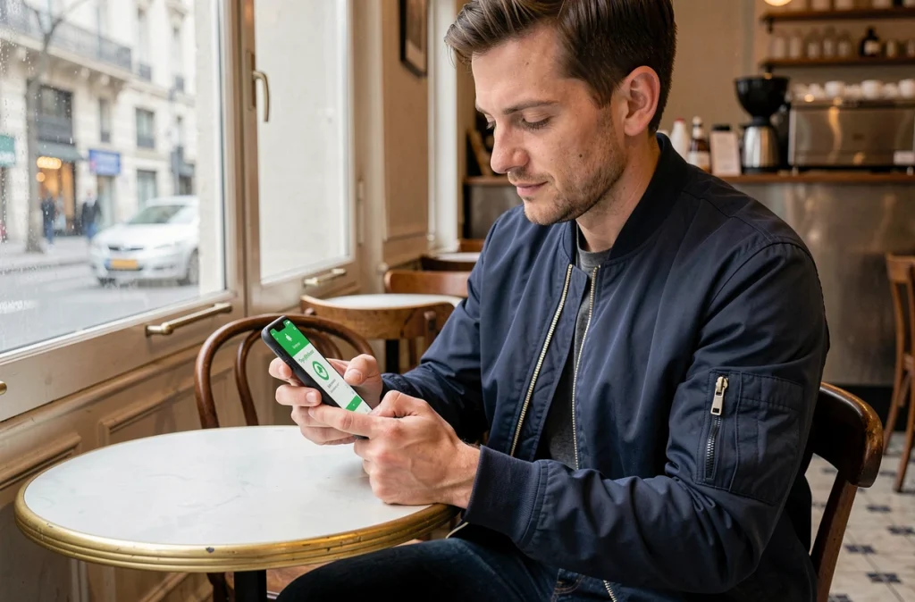 Homme configurant l'application PayByPhone sur Android dans un café parisien