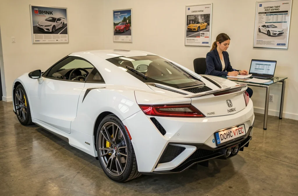 Conseillère automobile présentant les coûts et démarches d'homologation d'une Honda NSX importée dans un showroom spécialisé