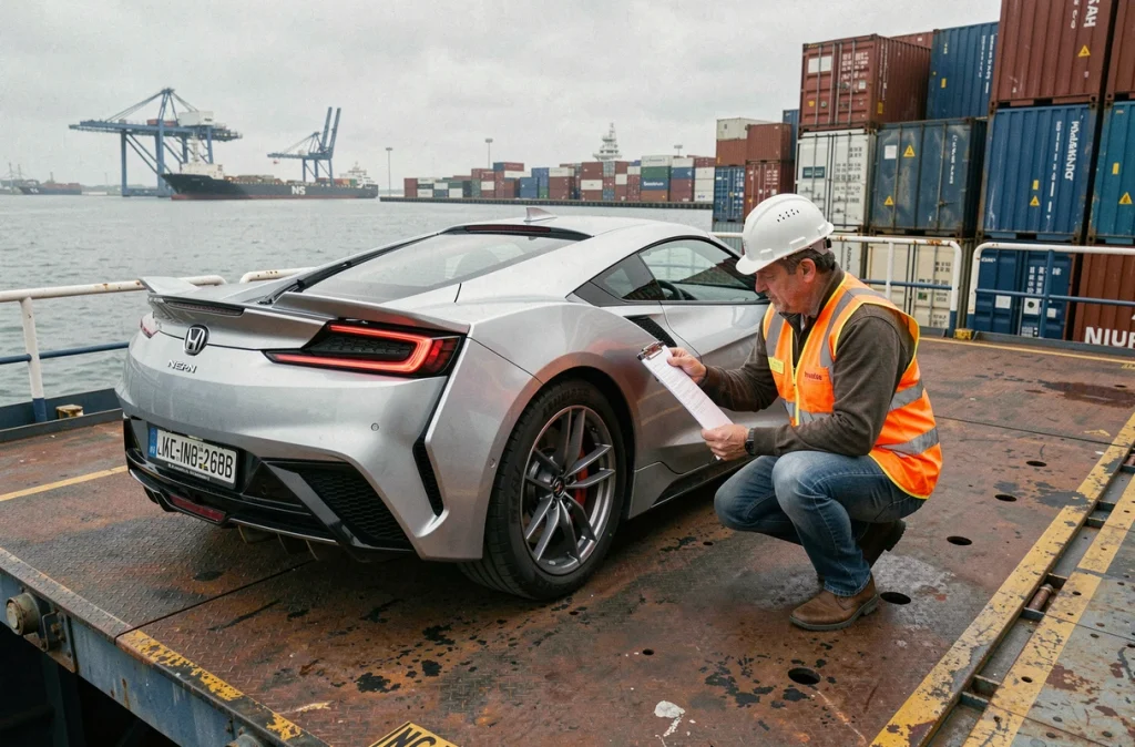 Honda NSX sur le pont d'un navire de transport automobile dans un port commercial lors d'une importation internationale