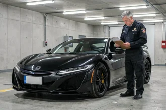 Agent des douanes inspectant une Honda NSX importée dans un centre de contrôle douanier européen