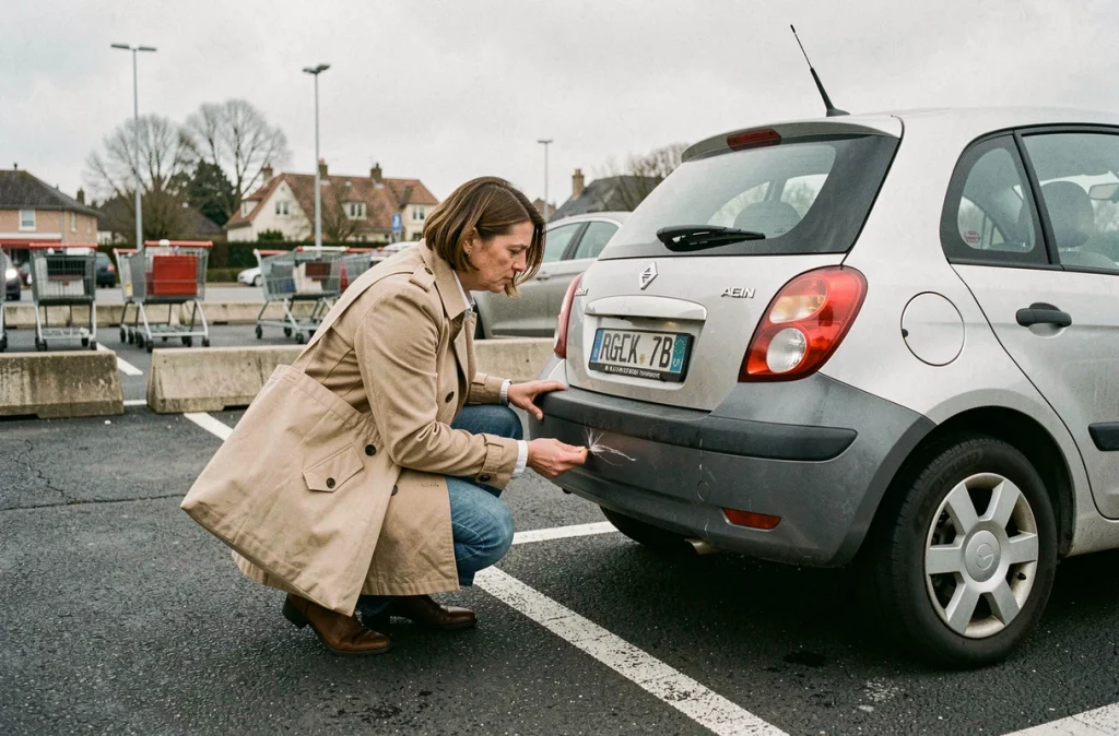 Femme inspectant les dommages sur une voiture de location dans un parking de supermarché avant restitution pour éviter des frais supplémentaires