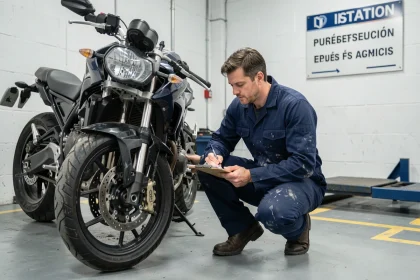 Mécanicien effectuant un contrôle technique sur une moto dans un centre de contrôle agréé