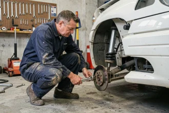 Mécanicien inspectant la suspension d'une Peugeot 306 Maxi en préparation dans un garage de compétition