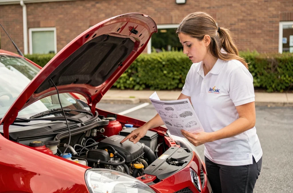 Monitrice d'auto-école expliquant les vérifications moteur à une élève devant le capot ouvert d'une voiture rouge, fiche récapitulative en main
