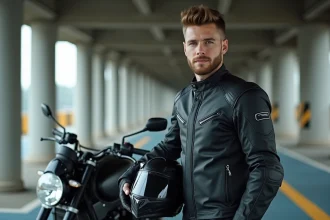 Jeune motard en veste textile CE debout à côté d'une moto homologuée A2 dans un parking souterrain urbain
