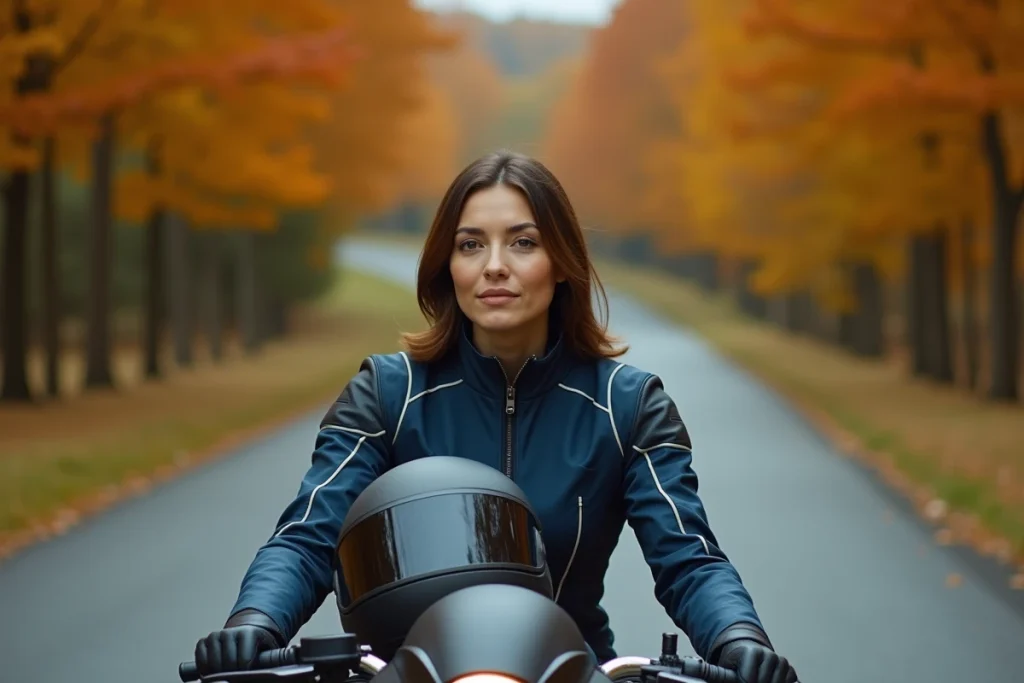 Femme motarde assise sur une moto sportive sur une route de campagne en automne, préparant sa transition vers un permis A