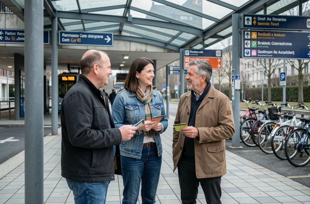 Usagers discutant à l'entrée d'un parking relais avec accès tramway à Rennes, tenant des titres de transport