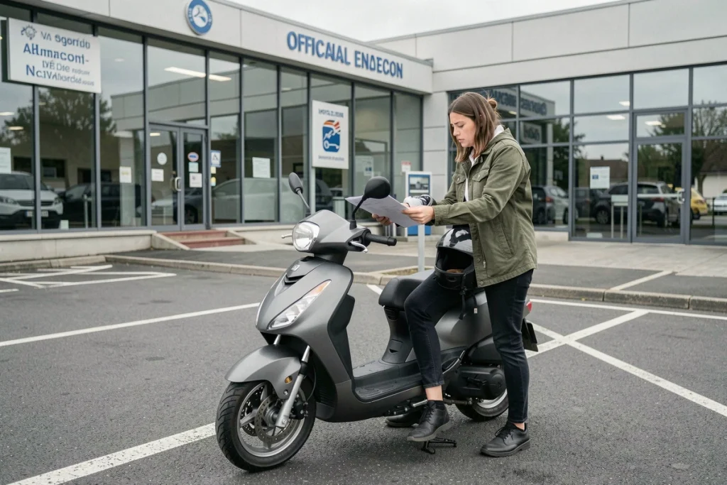 Propriétaire de scooter 125cc consultant les résultats de son contrôle technique devant un centre agréé