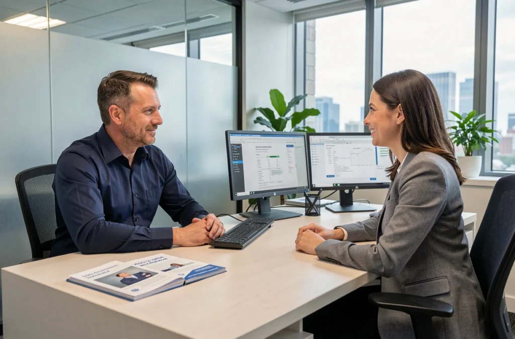Homme en rendez-vous avec un conseiller pour changer d'assurance auto suite à un changement de situation matrimoniale