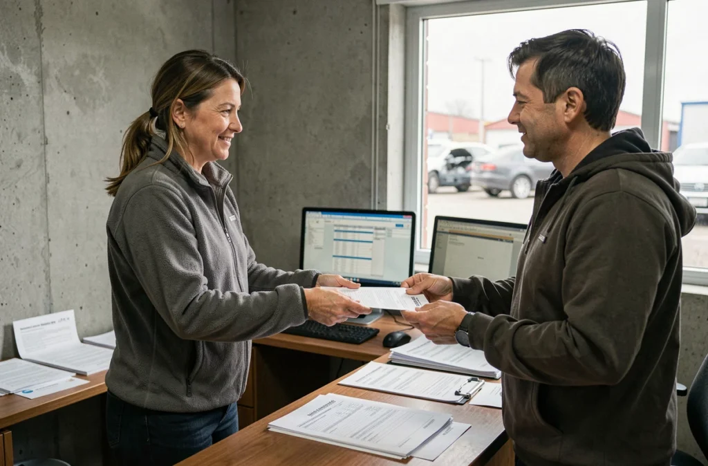 Femme déposant les papiers de son véhicule à un employé de casse automobile pour revente dans le Nord-Pas-de-Calais