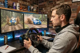 Simulateur de rallye Subaru WRC avec cockpit racing et triple écran affichant une spéciale forestière