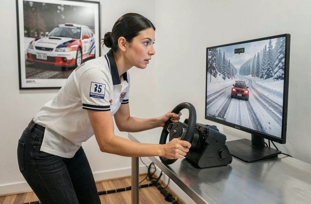 Joueuse de simulation rallye Subaru sur un setup racing épuré avec affichage d'une spéciale enneigée