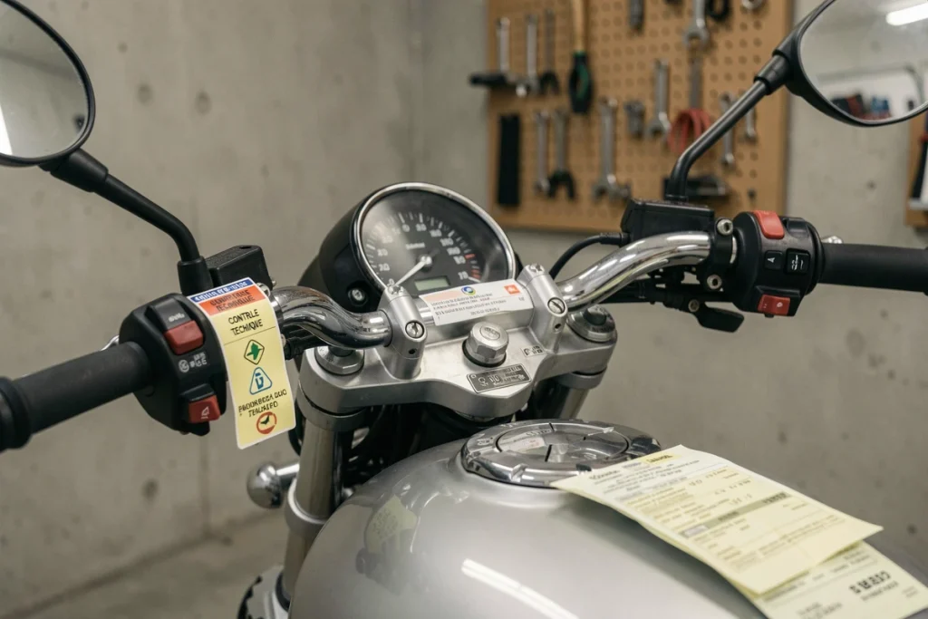 Gros plan sur le sticker de contrôle technique moto collé sur la fourche avec document d'immatriculation